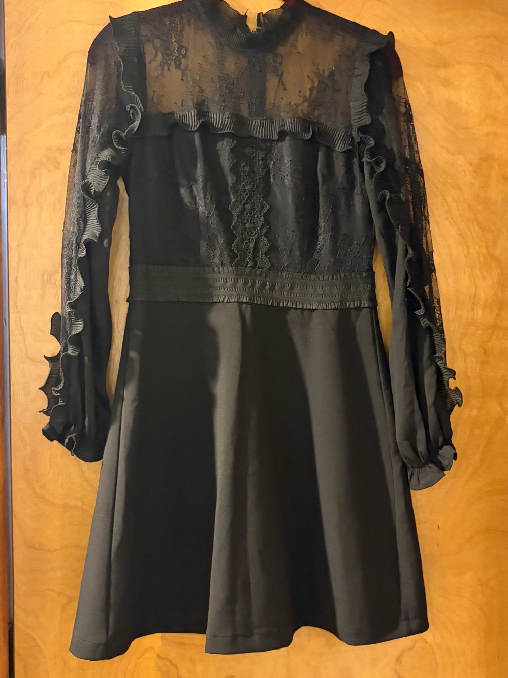 Aqua Black Lace Yoke Ruffle Long Sleeve Fit & Flare Dress